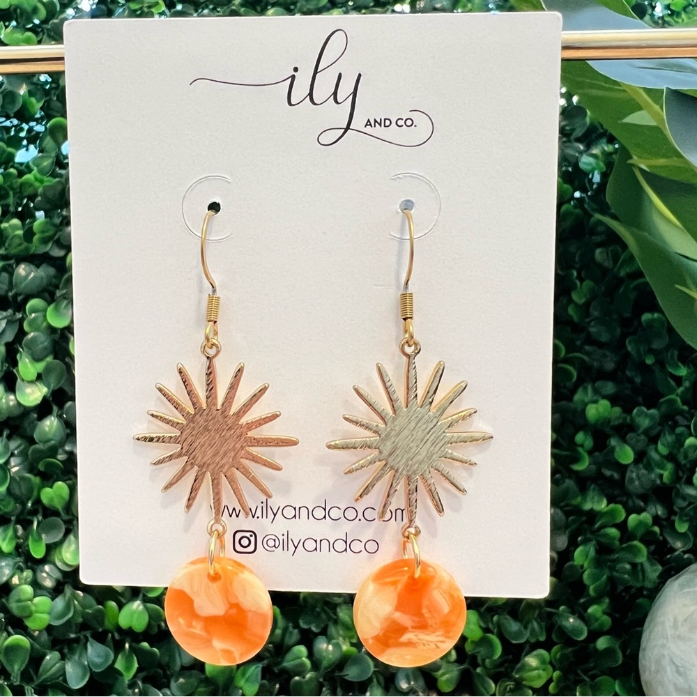 New Sunburst Dangle Earrings with Orange Marbled Accents | Lightweight